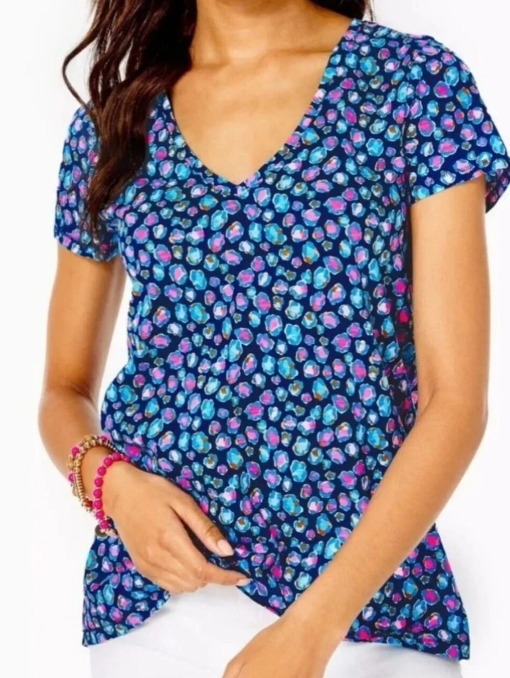 Lilly Pulitzer Etta V-Neck Seabreeze Blue Low Tide Navy Spotted Top Size XXS - Picture 3 of 9